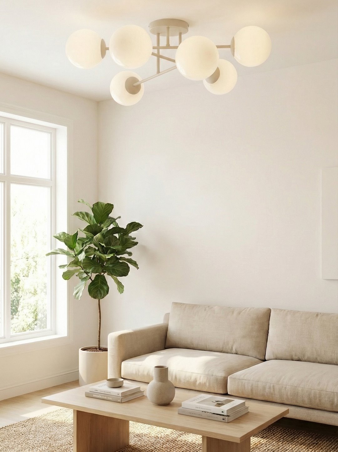Mise en ambiance dans un salon clair, canapé beige et plante verte
