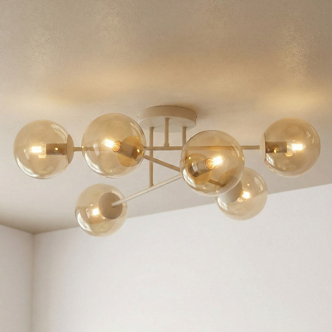 Plafonnier Roma 6 lumières beige, verre ambré