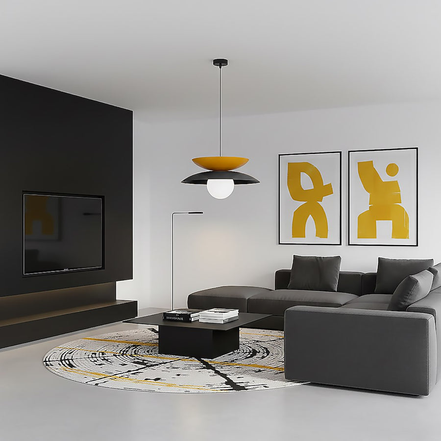 Vue d'ensemble dans un salon contemporain gris et jaune