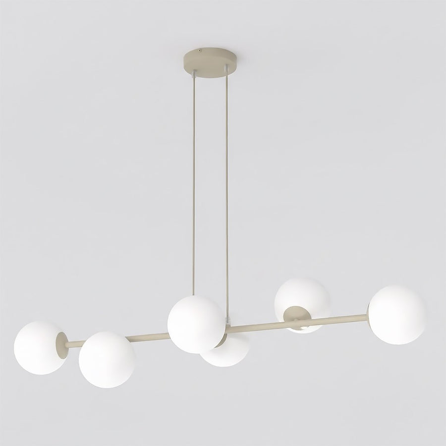 Suspension six globes de verre opalin sur barre horizontale beige, vue de face