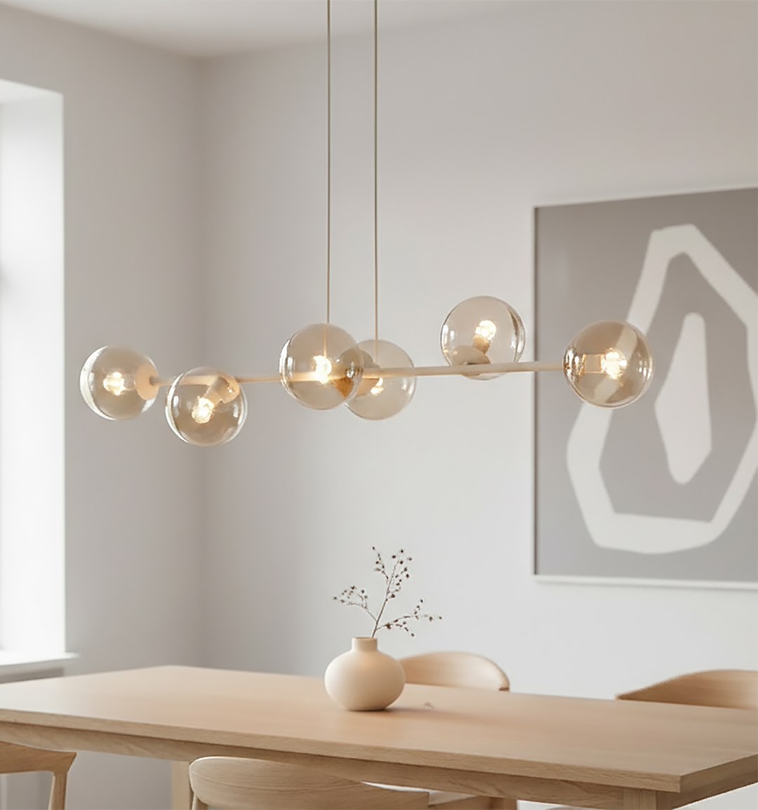 Suspension Magnus 6 lumières beige, verre ambré