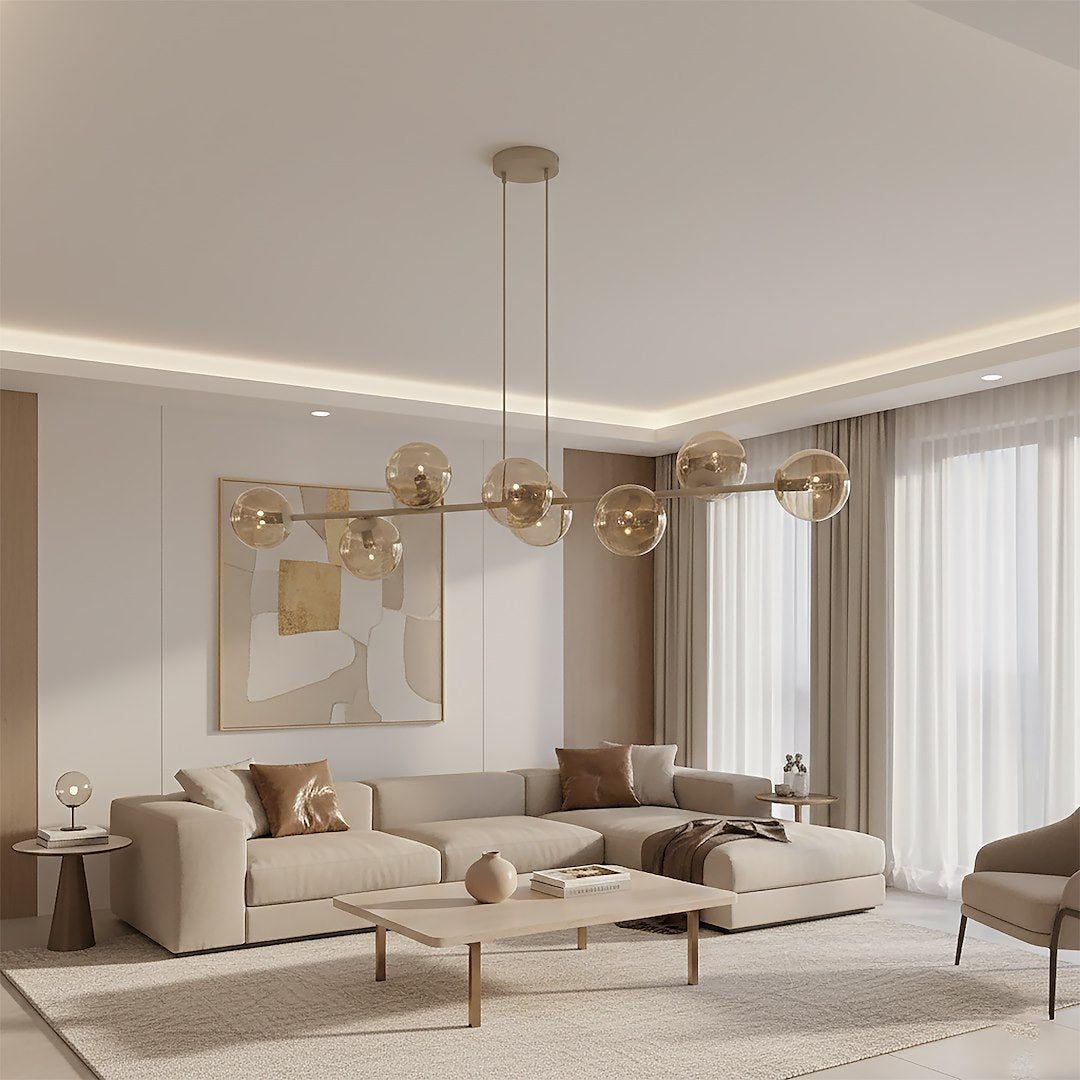 Suspension Magnus 8 lumières beige, verre ambré