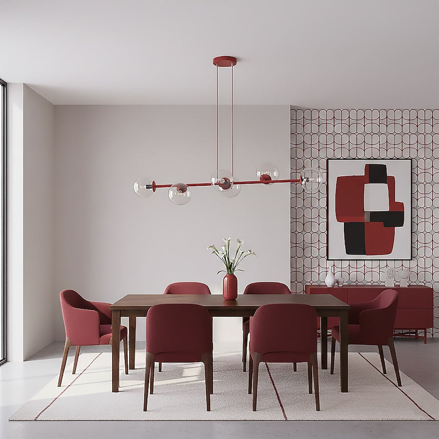 Suspension Magnus 6 lumières bordeaux, verre transparent
