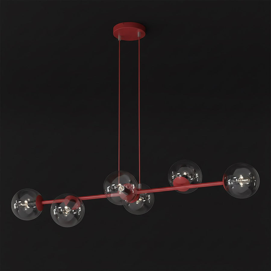 Suspension Magnus 6 lumières bordeaux, verre transparent