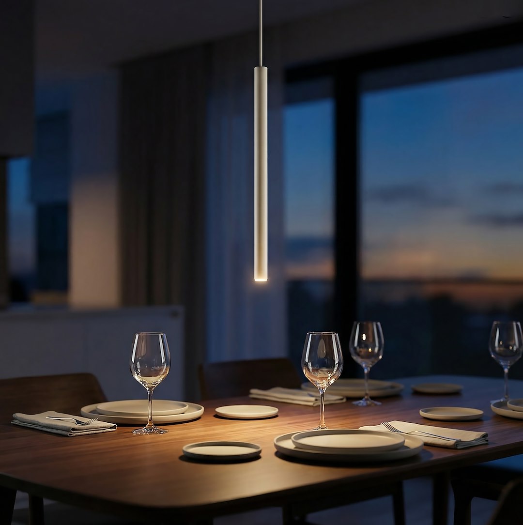 Mise en ambiance nocturne au-dessus d'une table dressée, lumière chaude verticale