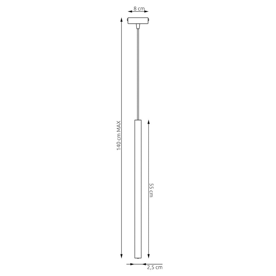 Schéma de dimensions : hauteur maximale 140 cm, tube 55 cm, diamètre 2,5 cm, base 8 cm.