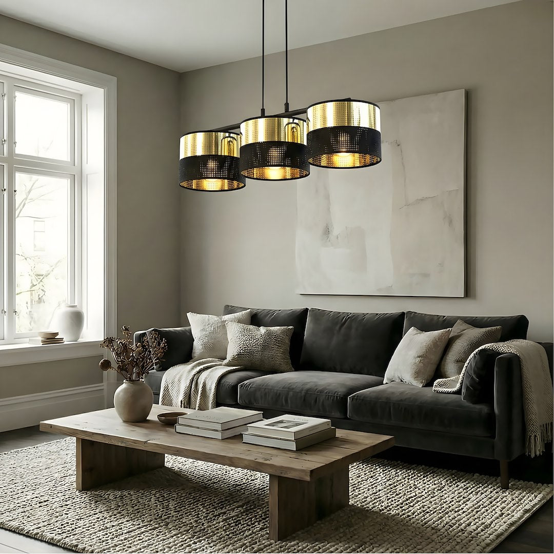Suspension Lux 3 lumières noire, tissu doré, H 20 cm
