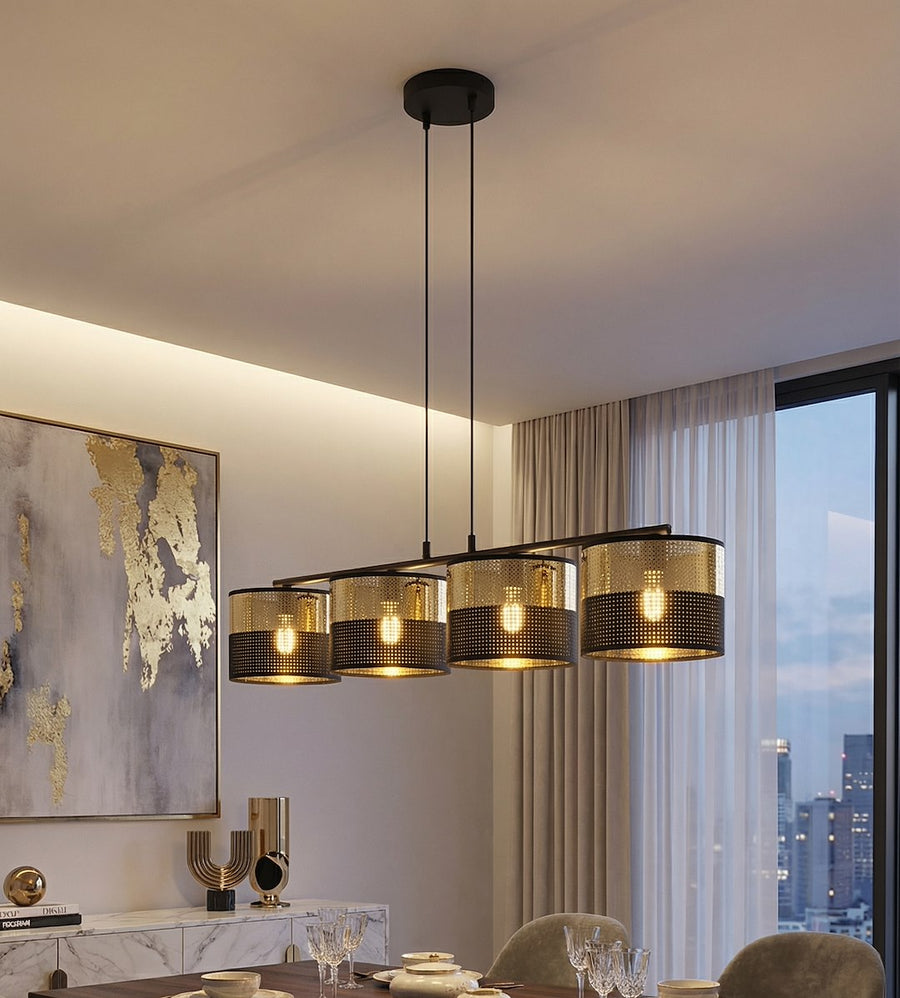 Suspension Lux 4 lumières noire, tissu doré