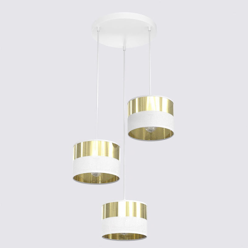 Suspension Lux 3 lumières blanche, tissu doré, H 43 cm