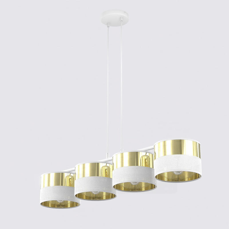Suspension Lux 4 lumières blanche, tissu doré