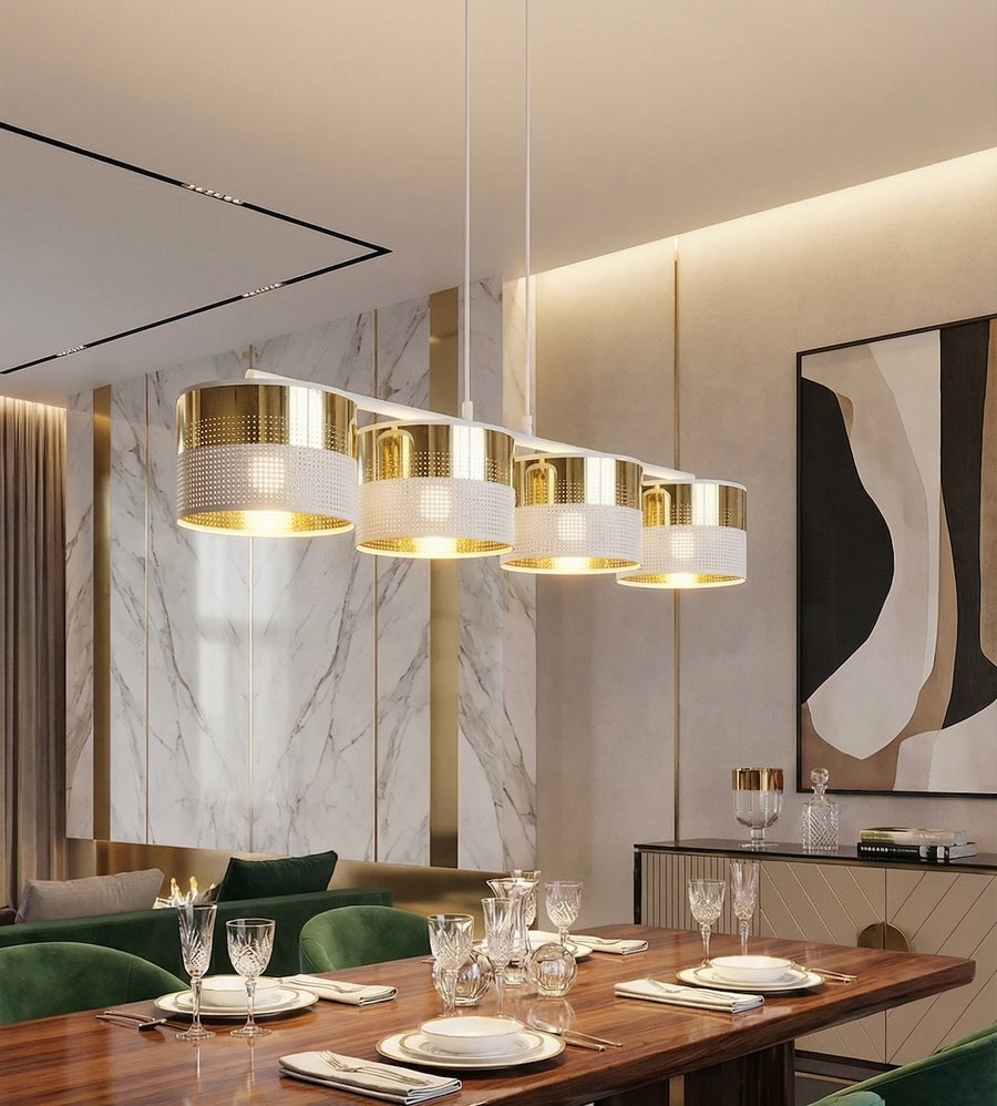 Suspension Lux 4 lumières blanche, tissu doré