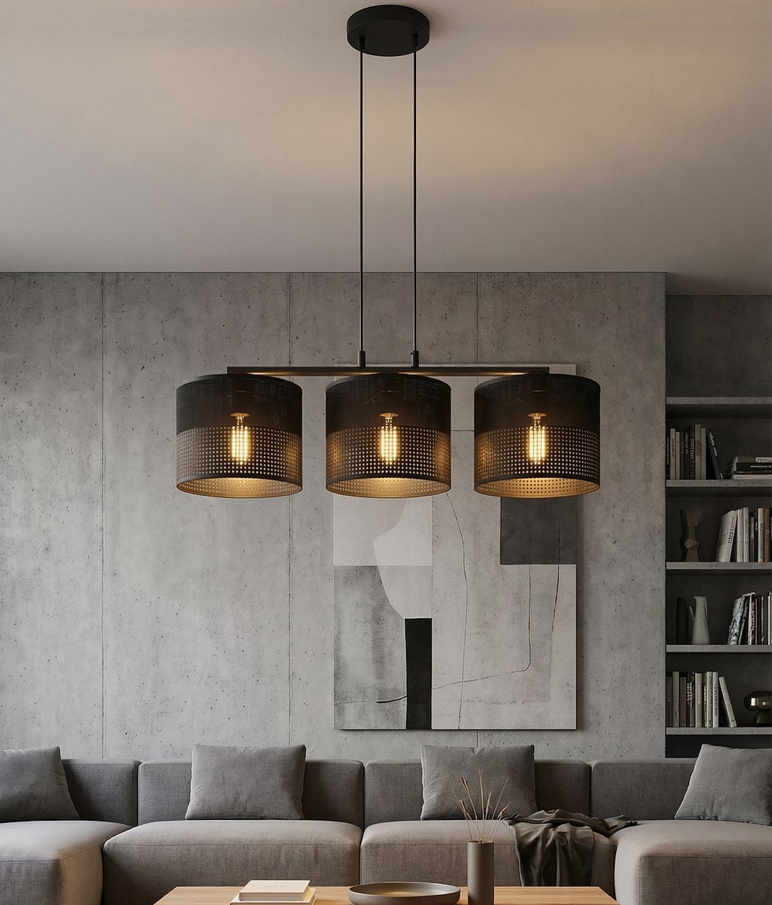 Suspension Karbon 3 lumières noire, tissu noir, H 20 cm