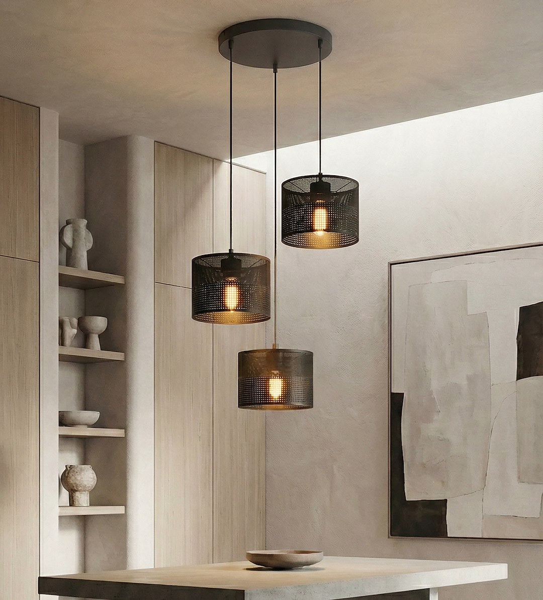 Suspension Karbon 3 lumières noire, tissu noir, H 43 cm