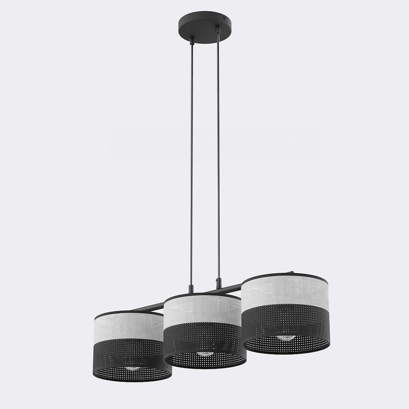 Suspension Karbon 3 lumières noire, tissu gris, H 20 cm