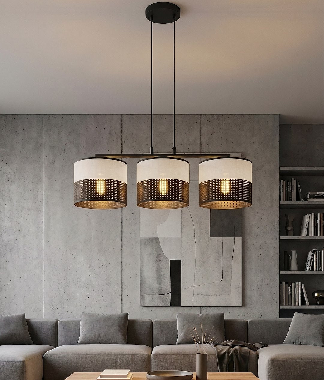 Suspension Karbon 3 lumières noire, tissu gris, H 20 cm