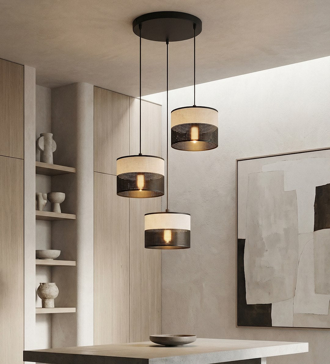 Suspension Karbon 3 lumières noire, tissu gris, H 43 cm