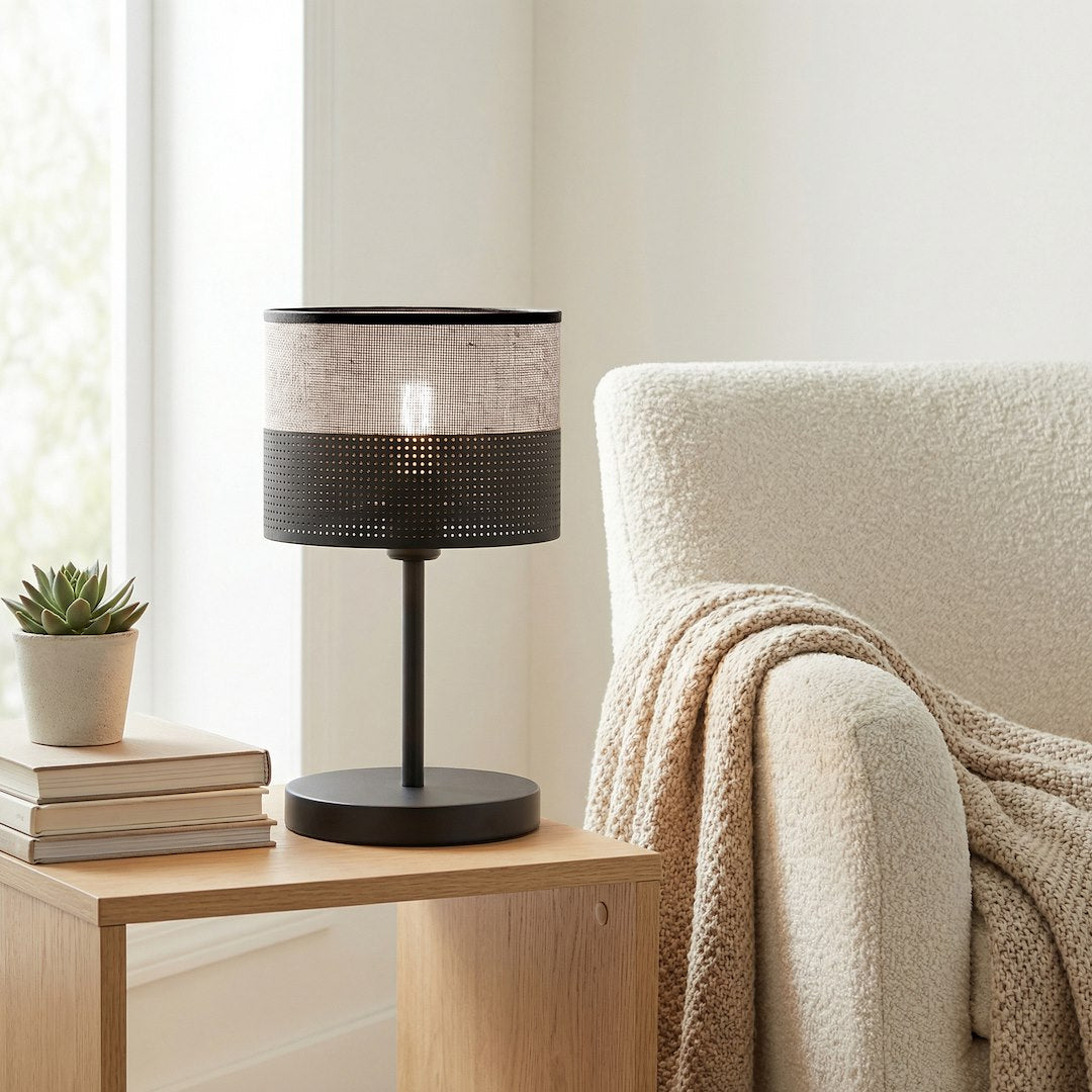 Lampe à poser Karbon noire, tissu gris