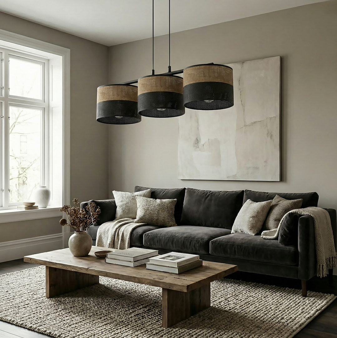 Suspension Karbon 3 lumières noire, tissu marron, H 20 cm