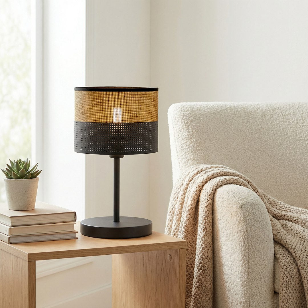 Lampe à poser Karbon noire, tissu marron