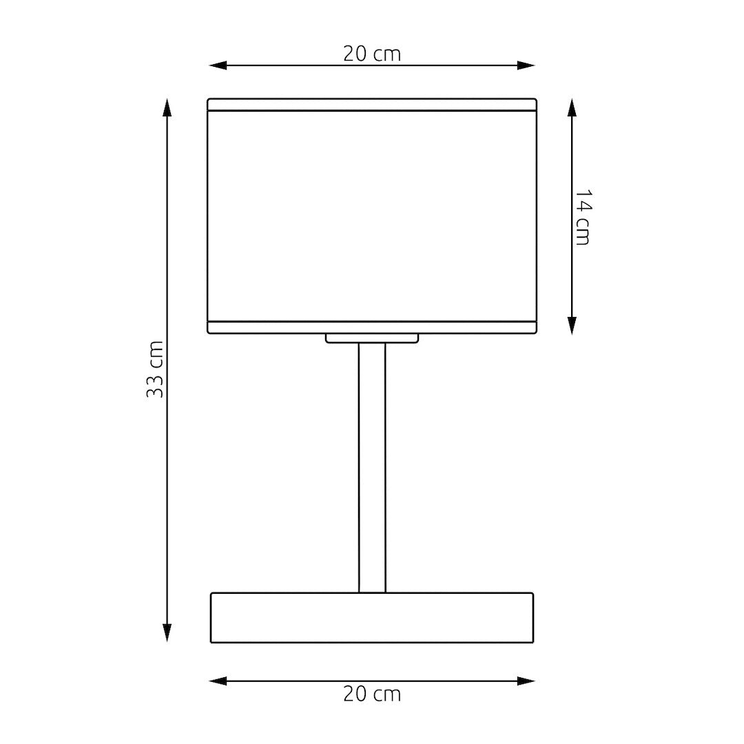 Schéma coté : hauteur totale 33 cm, abat-jour 20 cm de diamètre et 14 cm