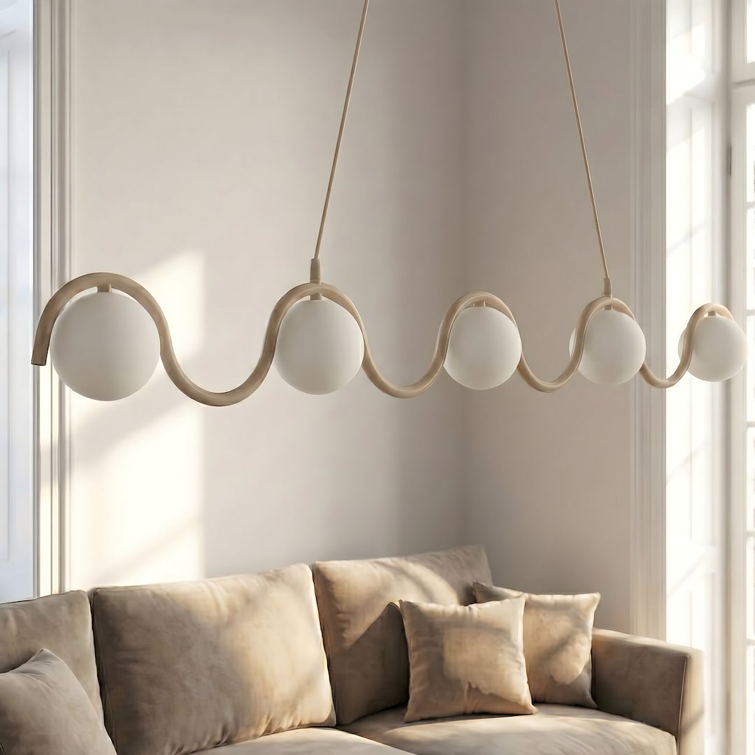 Suspension Sinus 5 lumières beige, verre blanc