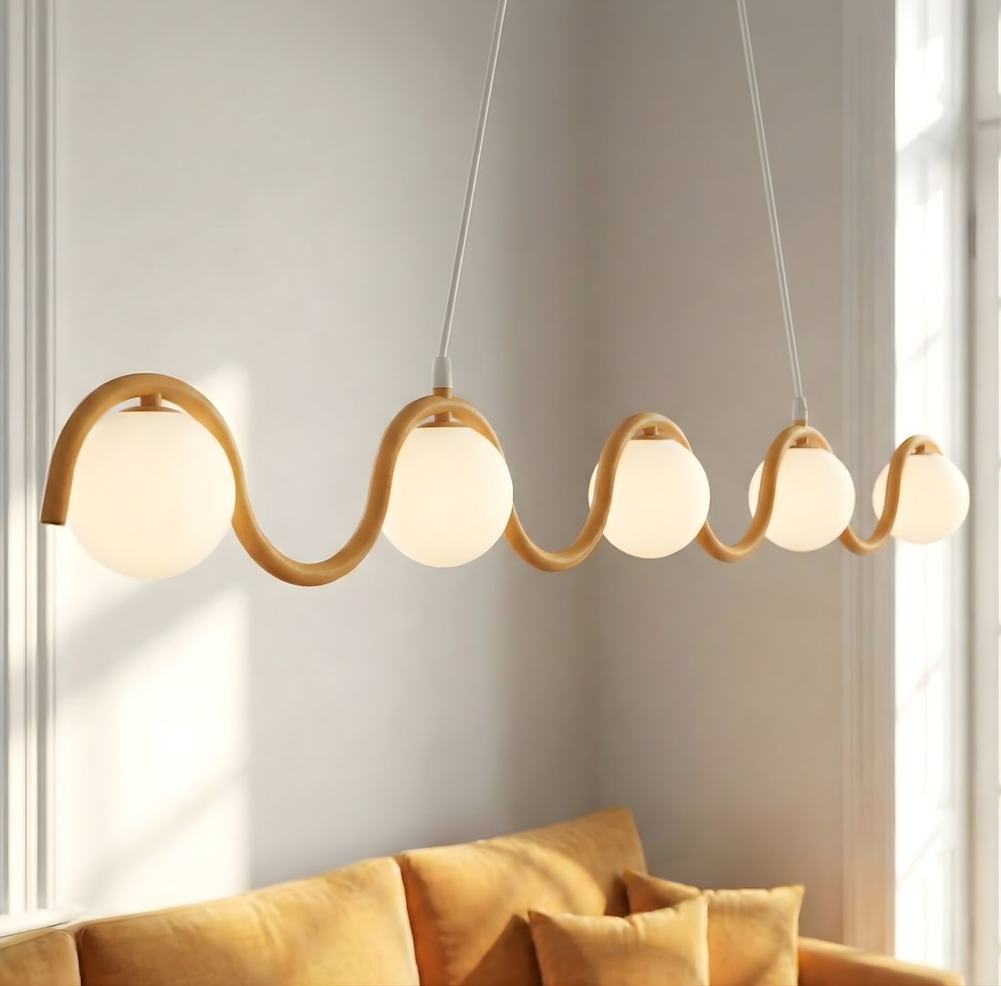 Suspension Sinus 5 lumières orange, verre blanc