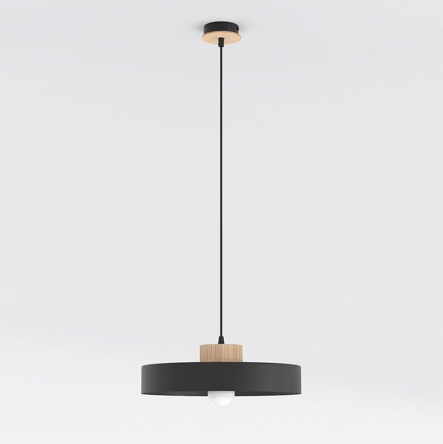 Vue de face du luminaire suspendu noir et bois sur fond blanc neutre