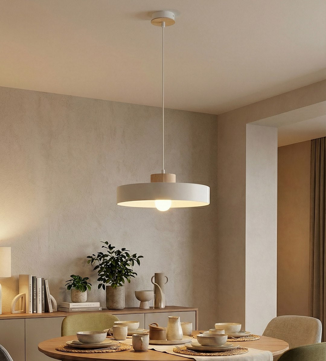 Mise en ambiance au-dessus d'une table dressée dans un intérieur beige