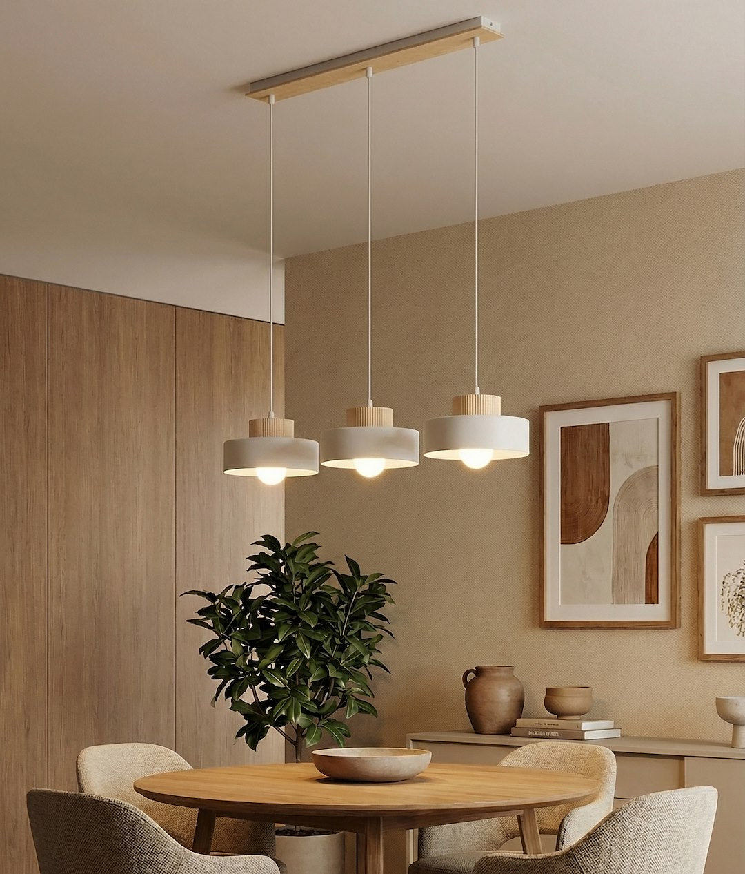 Suspension Kivi 3 lumières blanche, bois