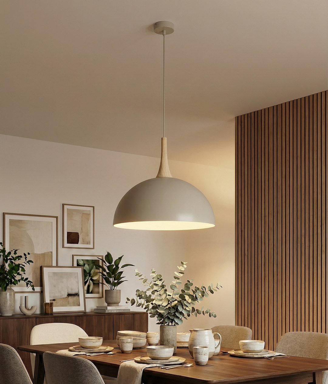 Mise en ambiance au-dessus d'une table dressée, mur à lattes bois en arrière-plan