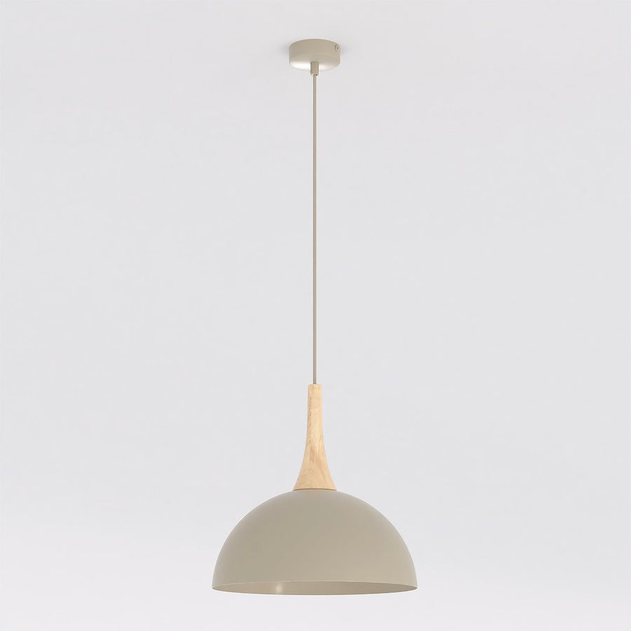 Suspension entière de face sur fond blanc, abat-jour dôme beige et col en bois clair