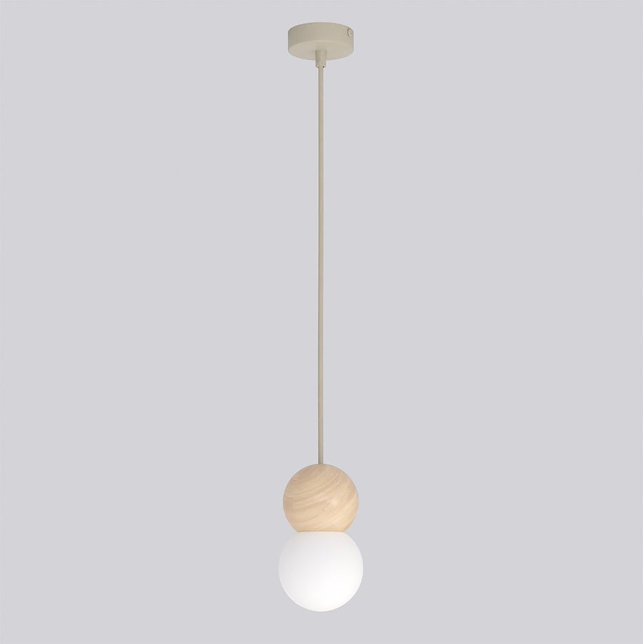 Suspension de face sur fond gris, double sphère en bois clair et verre opalin