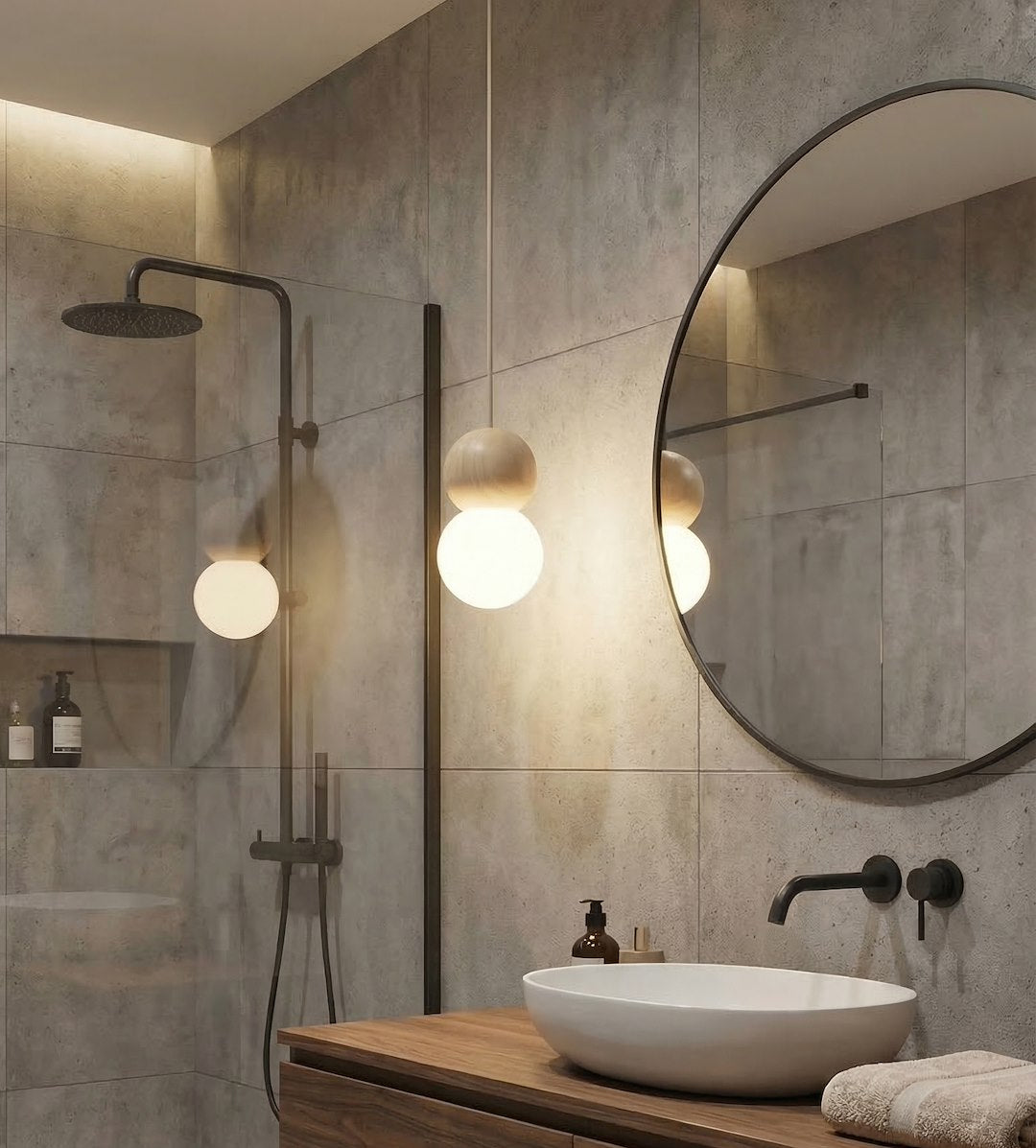 Mise en ambiance salle de bain, suspension allumée au-dessus d'une vasque en bois