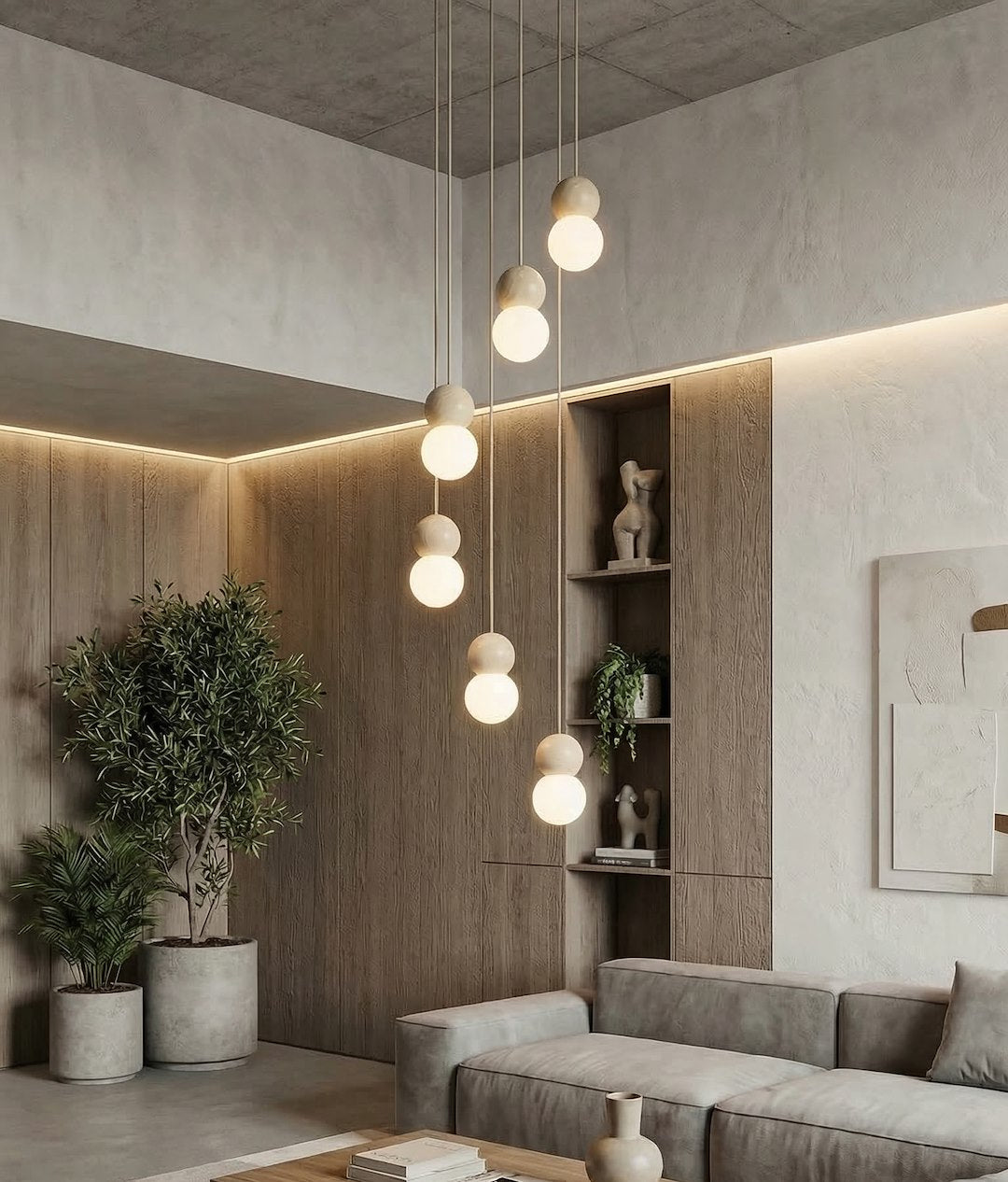 Grande pièce boisée avec plantes vertes et suspension verticale aux six globes opalins