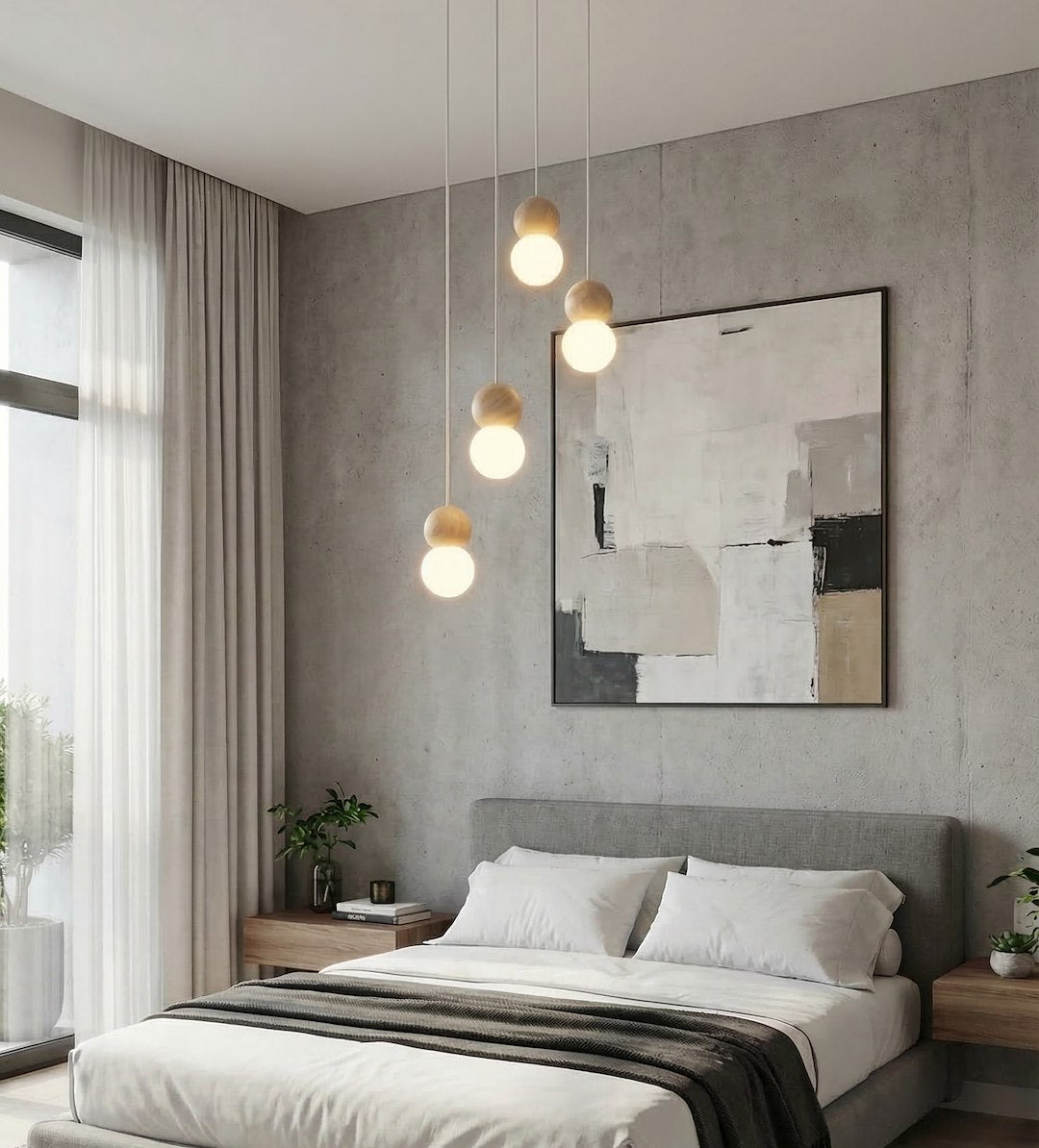 Mise en situation dans une chambre, suspension allumée devant un mur béton et un tableau