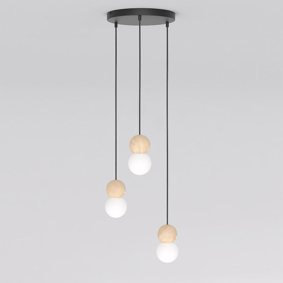 Autre angle du luminaire, montrant le plateau rond noir et les trois câbles
