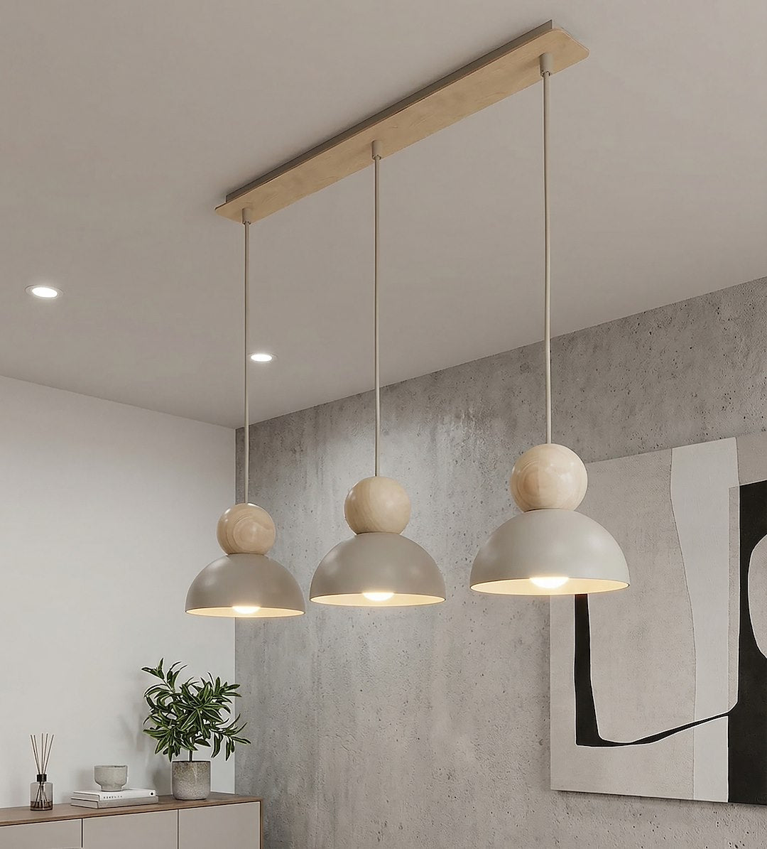 Suspension Kaki 3 lumières beige, bois, H 18 cm