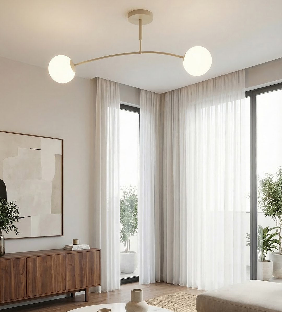Plafonnier Pregos 2 lumières beige, verre blanc