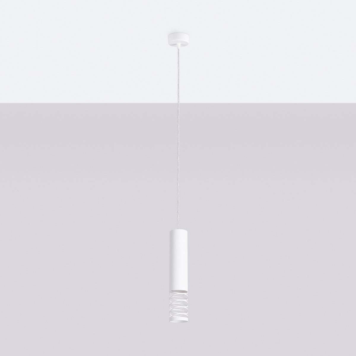 Vue entière de la lampe sur fond gris clair, câble et rosace visibles