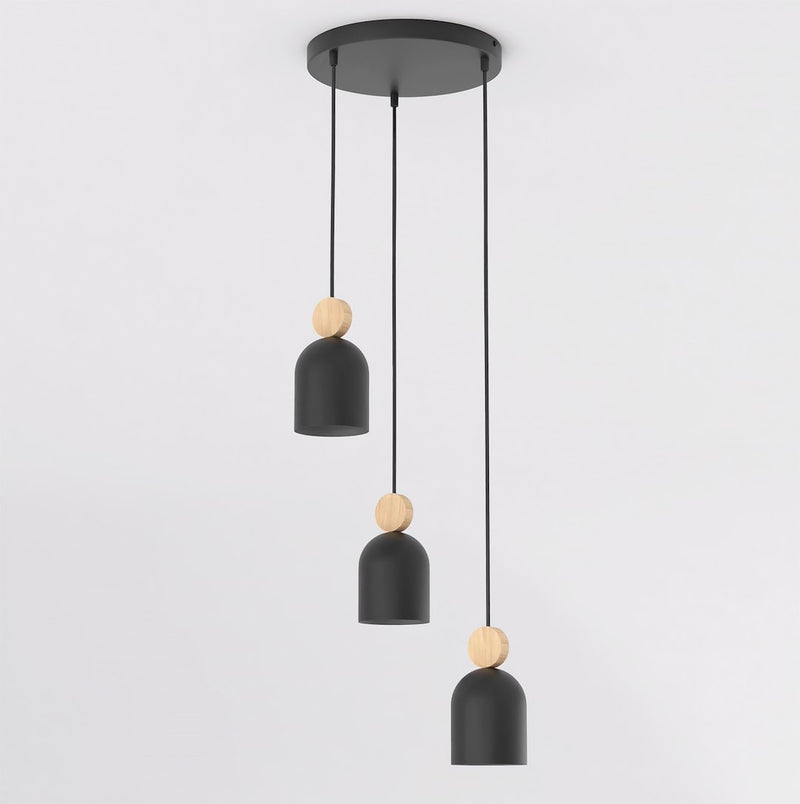 Suspension Mesi 3 lumières noire, bois, H 34 cm