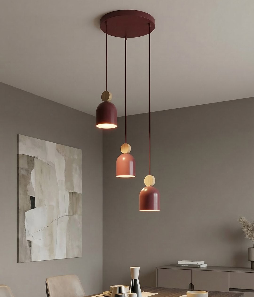 Suspension Mesi 3 lumières bordeaux, bois, H 34 cm