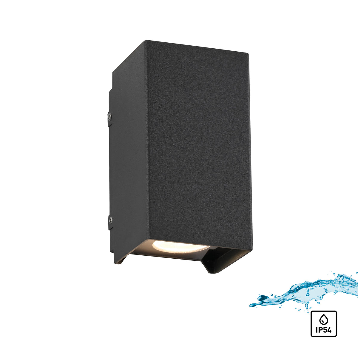 Applique murale anthracite présentée avec éclaboussures d'eau et logo IP54 sur fond blanc.