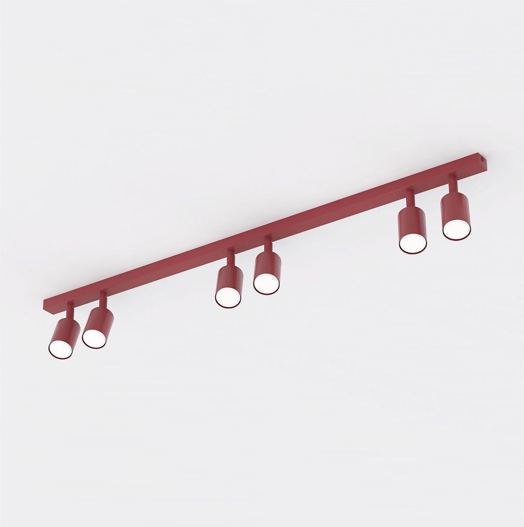 Vue en perspective du luminaire, barre rectangulaire et spots orientables