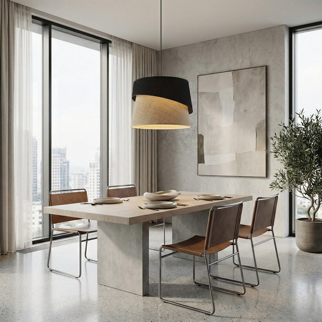 Suspension installée au-dessus d'une table à manger dans un intérieur béton