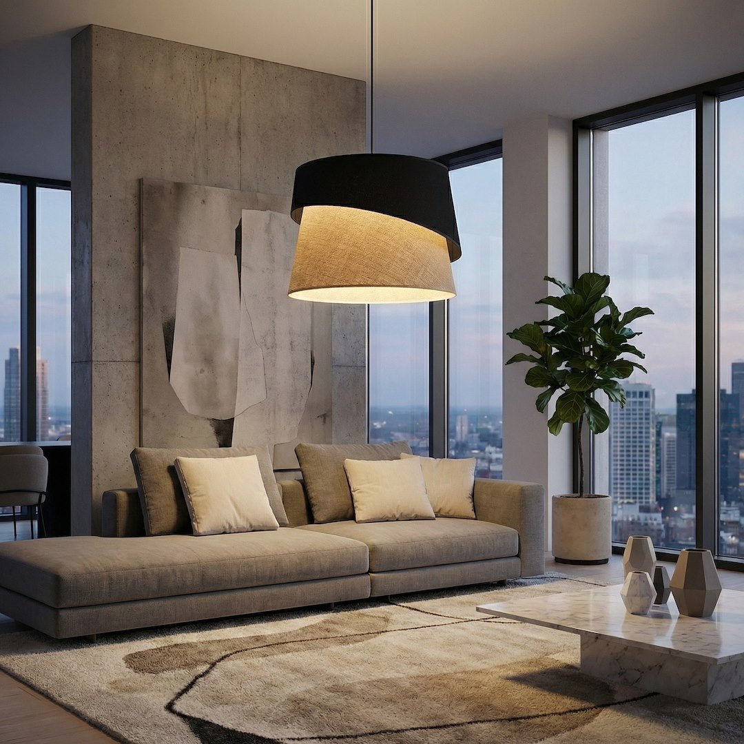 Luminaire allumé au-dessus d'un canapé dans un salon contemporain avec vue urbaine