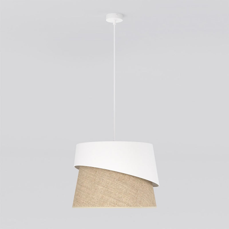 Suspension Canva blanche, rotin marron et blanc