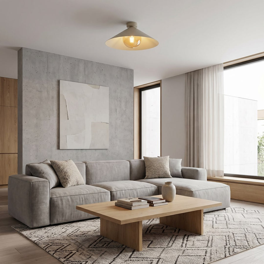 Séjour épuré avec canapé gris, table basse en bois et plafonnier au plafond.