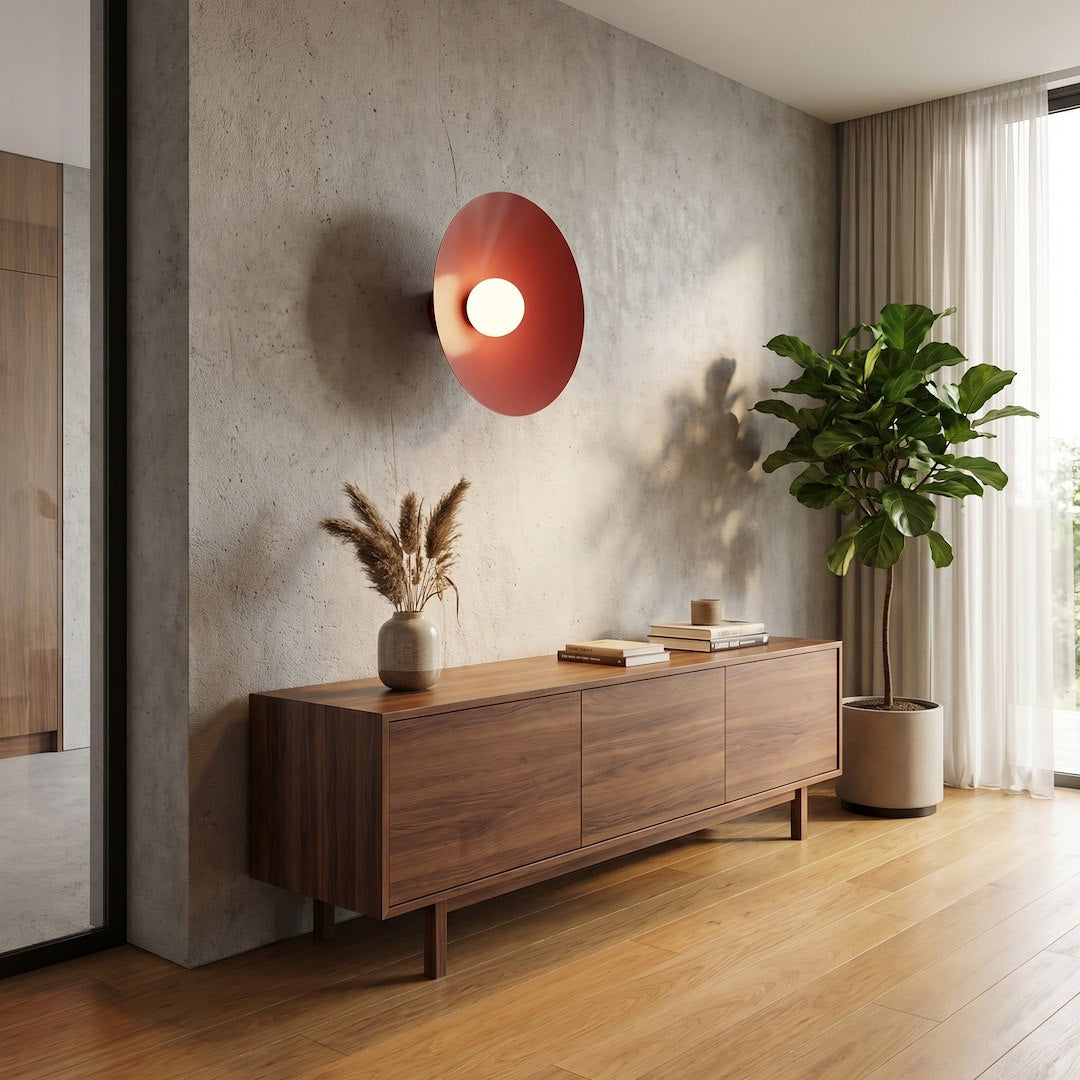 Mise en ambiance dans un séjour avec buffet en bois et plante verte