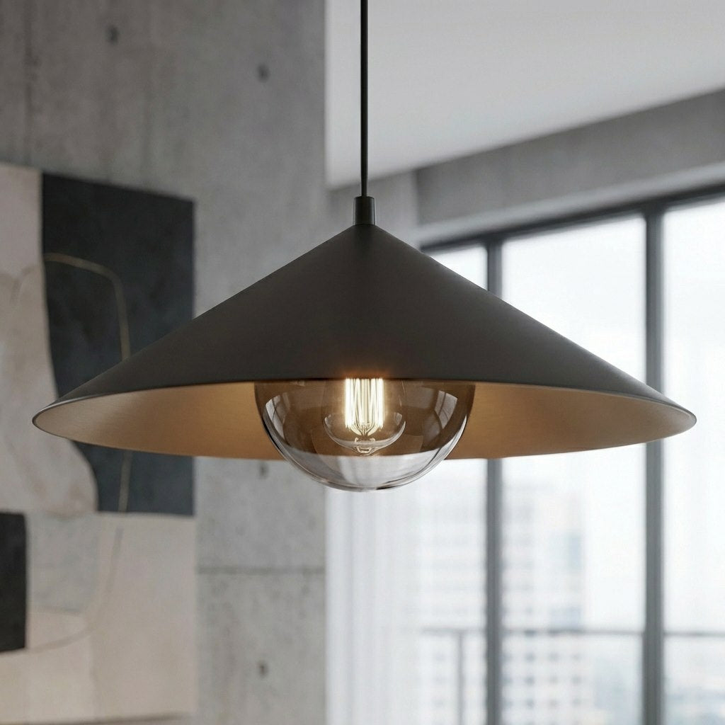 Mise en ambiance dans un intérieur béton, luminaire allumé vu de dessous