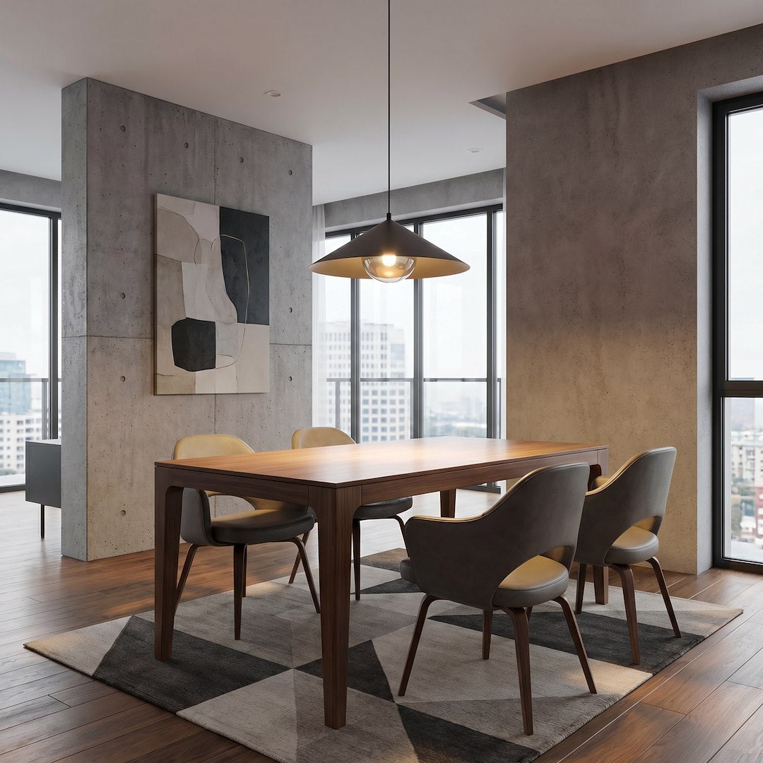 Suspension allumée au-dessus d'une table à manger en bois, intérieur contemporain